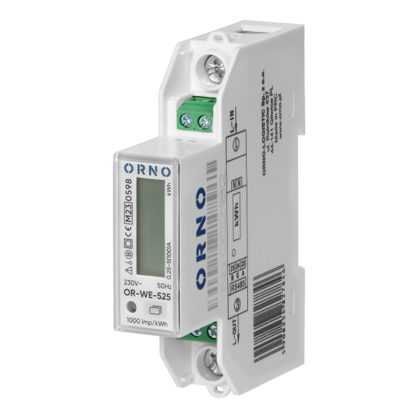 1-phase multi-tariff energy meter wtih RS-485, 100A, power supply: 230V AC/50-60Hz, current: 5(100)A, pulse frequency: 1000 imp/kWh, signaling read: flashing LCD, installation rail: DIN TH-35mm